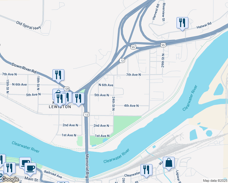 map of restaurants, bars, coffee shops, grocery stores, and more near 2326 6th Avenue North in Lewiston