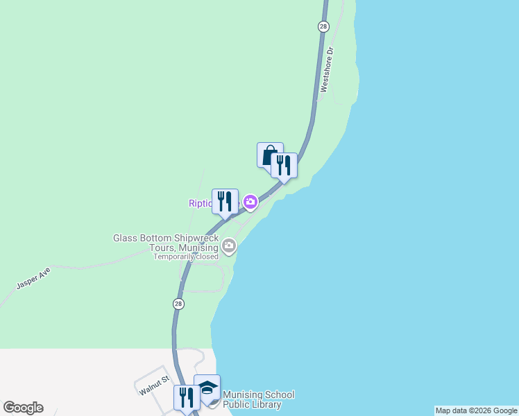 map of restaurants, bars, coffee shops, grocery stores, and more near 1333-1337 West Munising Avenue in Munising