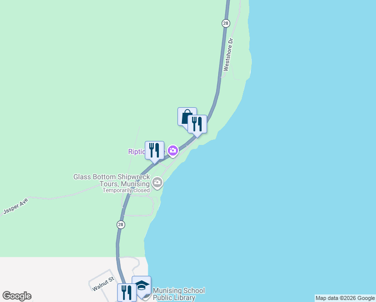 map of restaurants, bars, coffee shops, grocery stores, and more near 1333-1337 West Munising Avenue in Munising