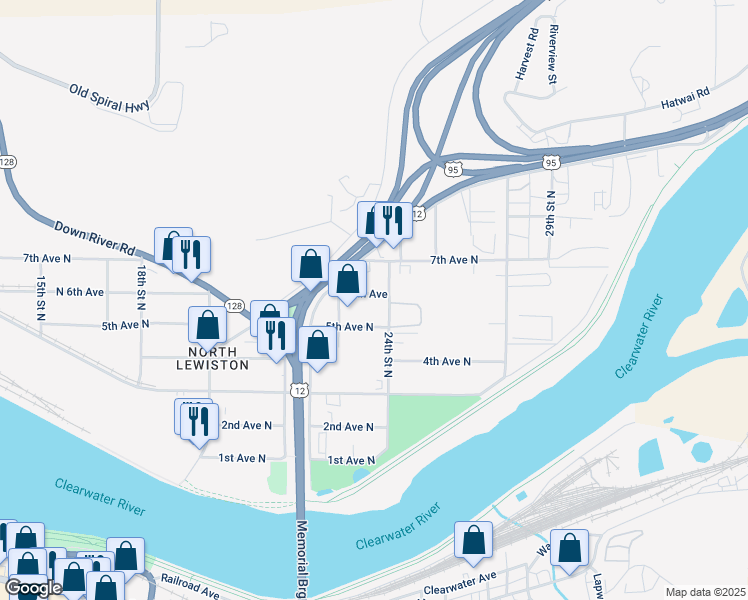 map of restaurants, bars, coffee shops, grocery stores, and more near 2326 6th Avenue North in Lewiston