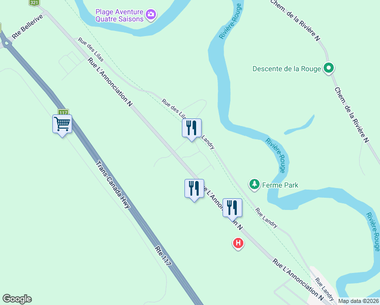 map of restaurants, bars, coffee shops, grocery stores, and more near Rue Perrier in Rivière-Rouge