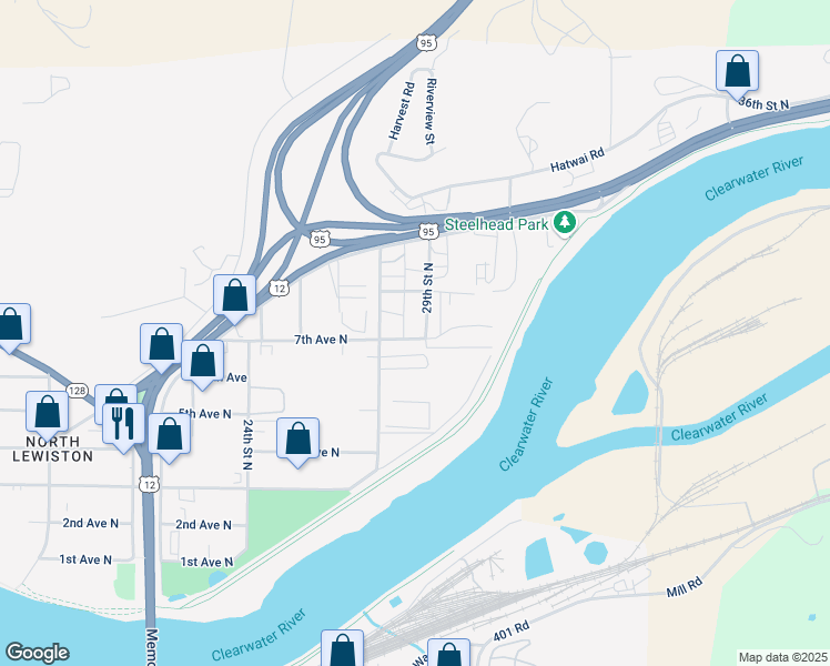 map of restaurants, bars, coffee shops, grocery stores, and more near 715 29th Street North in Lewiston