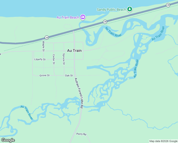 map of restaurants, bars, coffee shops, grocery stores, and more near 101-117 Grove Street in Au Train
