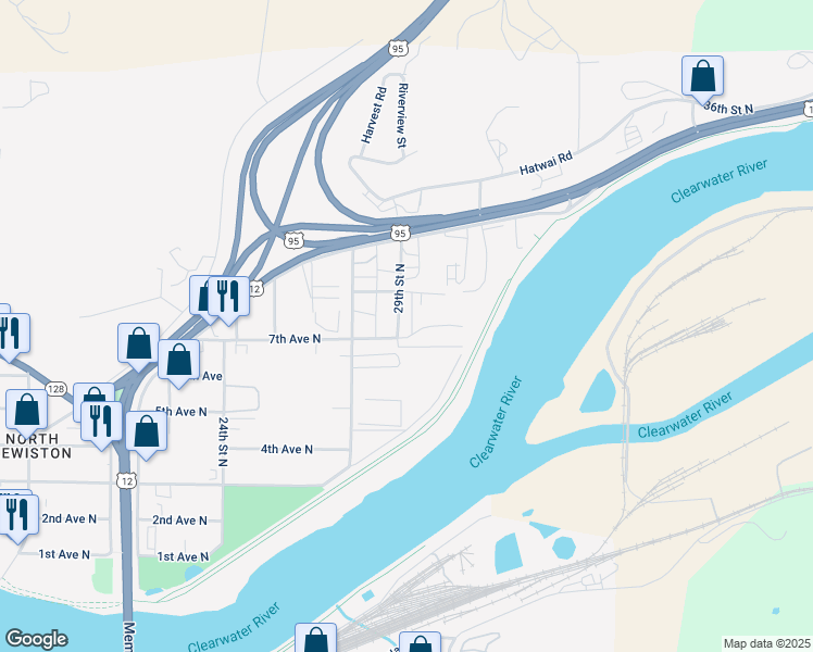 map of restaurants, bars, coffee shops, grocery stores, and more near 715 29th Street North in Lewiston