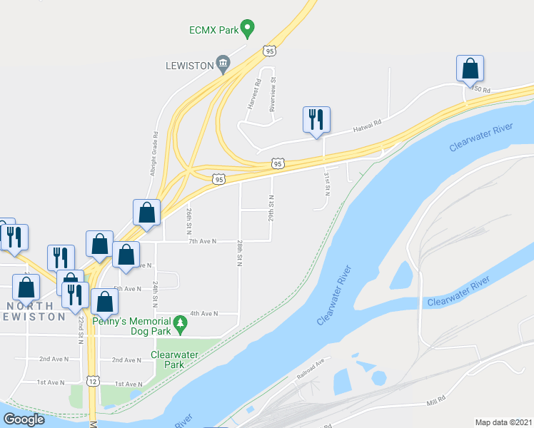 map of restaurants, bars, coffee shops, grocery stores, and more near 736 29th Street North in Lewiston