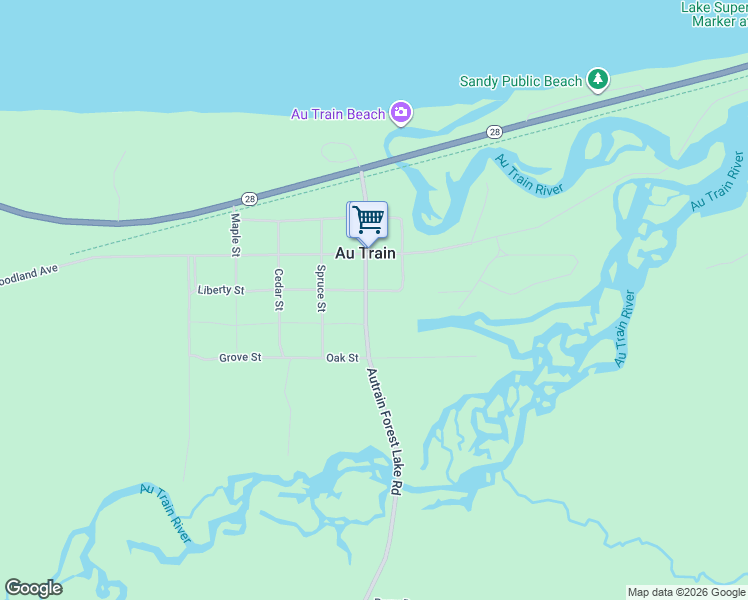 map of restaurants, bars, coffee shops, grocery stores, and more near Autrain Forest Lake Road in Au Train