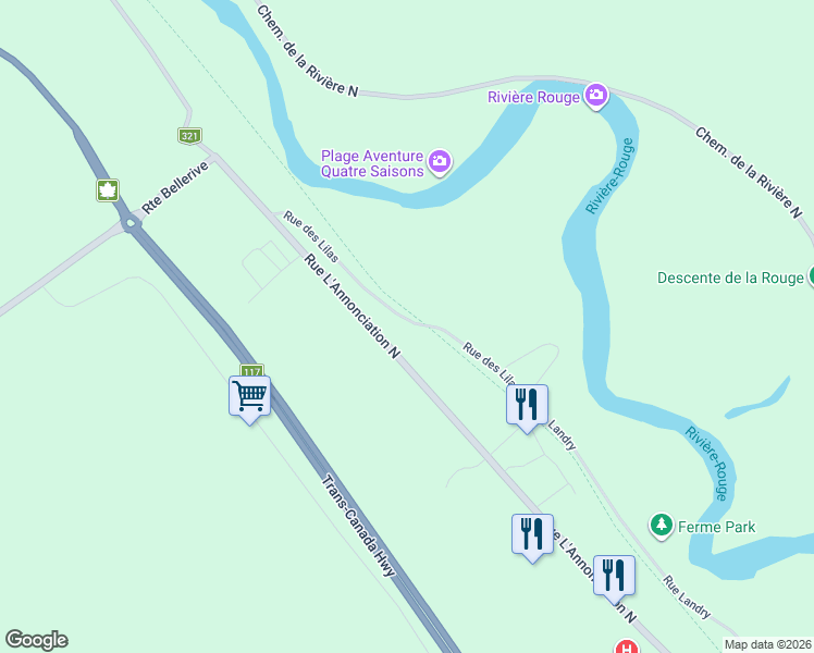 map of restaurants, bars, coffee shops, grocery stores, and more near 2389 Rue Landry in Rivière-Rouge