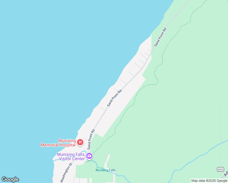 map of restaurants, bars, coffee shops, grocery stores, and more near 1642 Sand Point Road in Munising