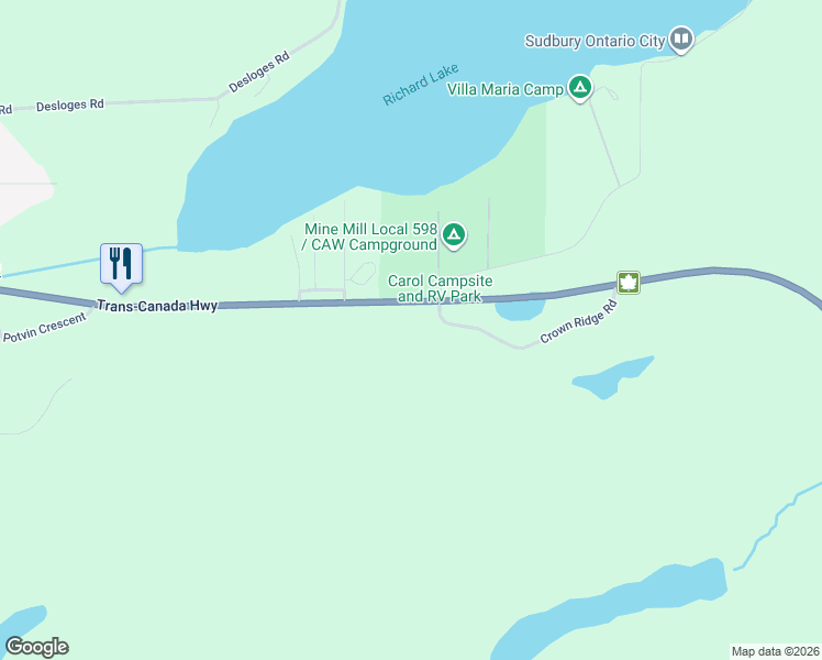 map of restaurants, bars, coffee shops, grocery stores, and more near 2377 Crown Ridge Road in Sudbury