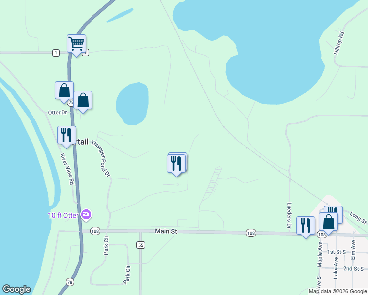 map of restaurants, bars, coffee shops, grocery stores, and more near 423 Thumper Lodge Road in Ottertail