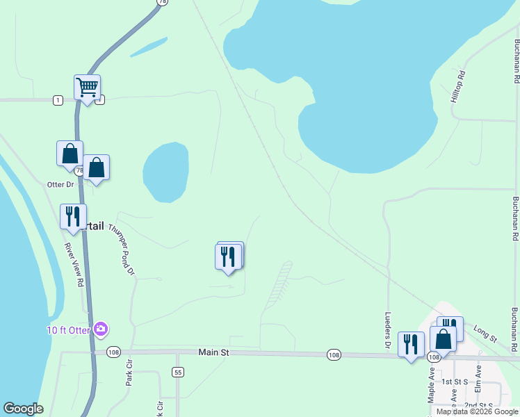 map of restaurants, bars, coffee shops, grocery stores, and more near 423 Thumper Lodge Road in Ottertail