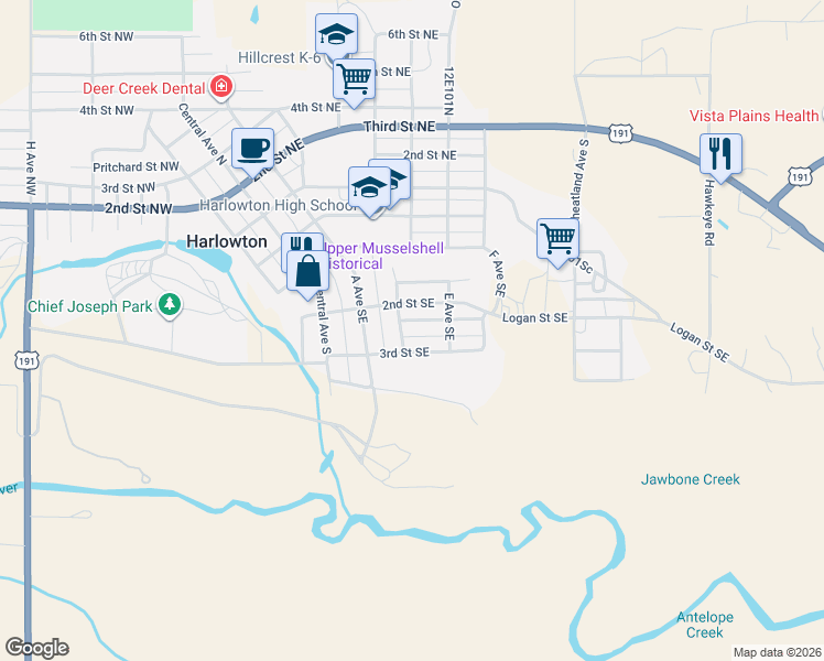 map of restaurants, bars, coffee shops, grocery stores, and more near 405 3rd Street Southeast in Harlowton