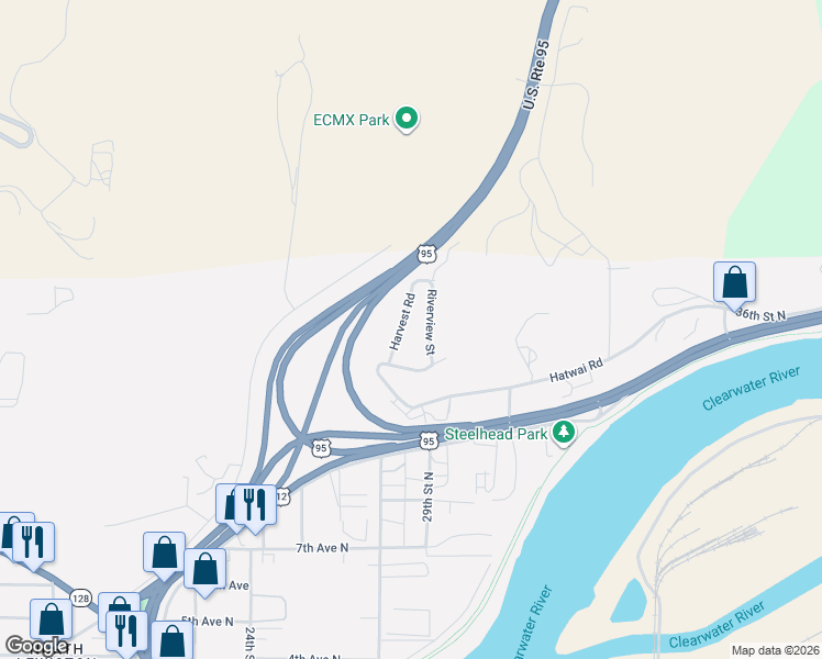 map of restaurants, bars, coffee shops, grocery stores, and more near 1150 Riverview Street in Lewiston