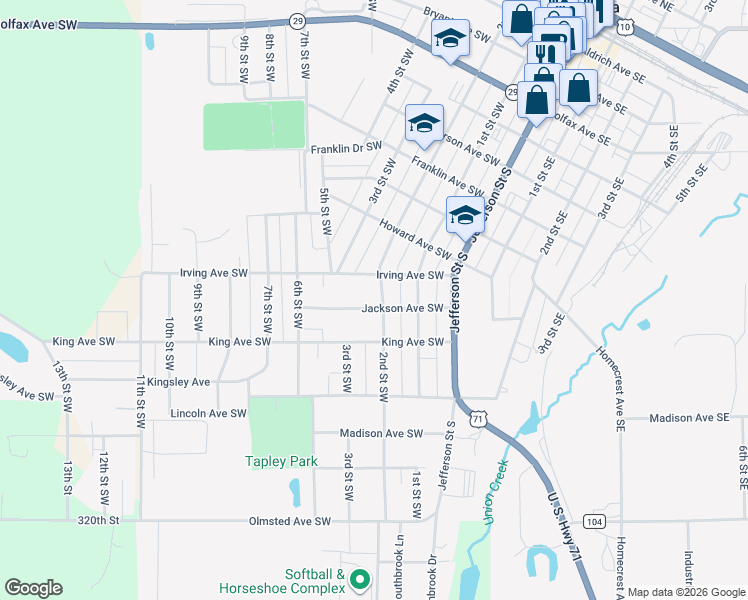 map of restaurants, bars, coffee shops, grocery stores, and more near 1009 2nd Street Southwest in Wadena