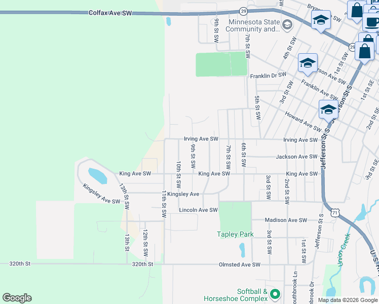 map of restaurants, bars, coffee shops, grocery stores, and more near 829 Irving Avenue Southwest in Wadena