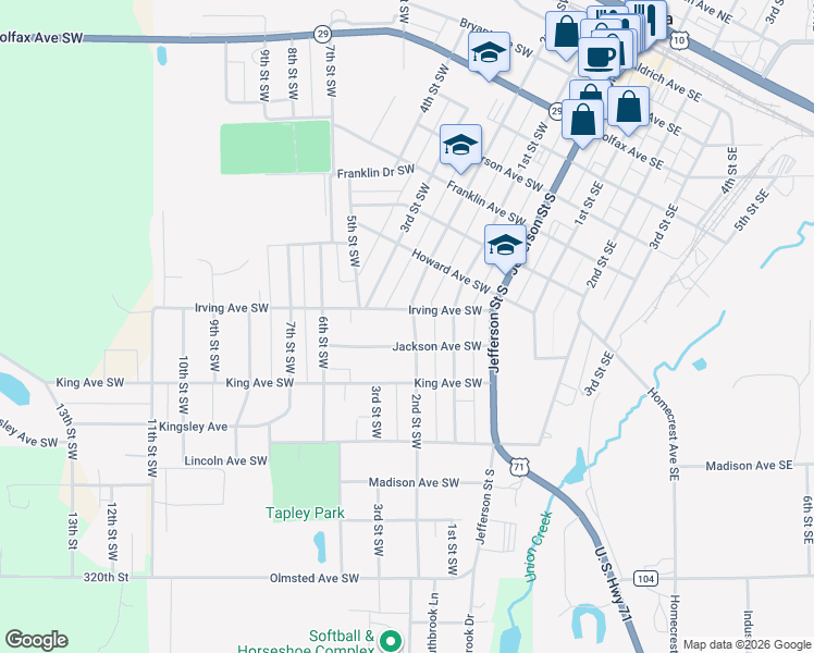 map of restaurants, bars, coffee shops, grocery stores, and more near 1009 2nd Street Southwest in Wadena