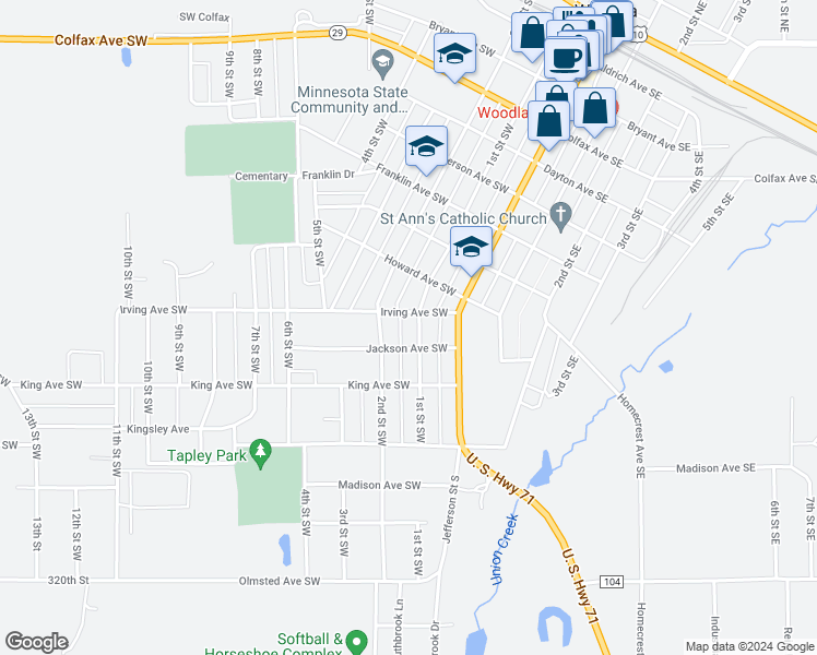 map of restaurants, bars, coffee shops, grocery stores, and more near 1011 1st Street Southwest in Wadena