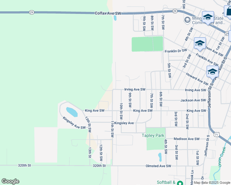 map of restaurants, bars, coffee shops, grocery stores, and more near 1035 Irving Avenue Southwest in Wadena