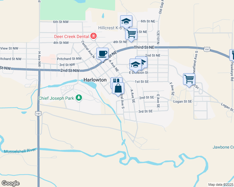 map of restaurants, bars, coffee shops, grocery stores, and more near 106 Central Avenue South in Harlowton