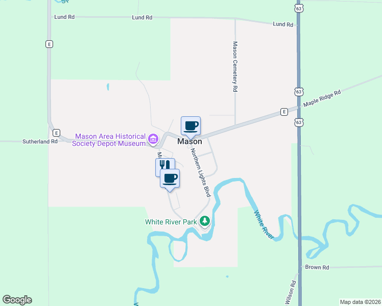map of restaurants, bars, coffee shops, grocery stores, and more near 59385 Humbird Pine in Mason
