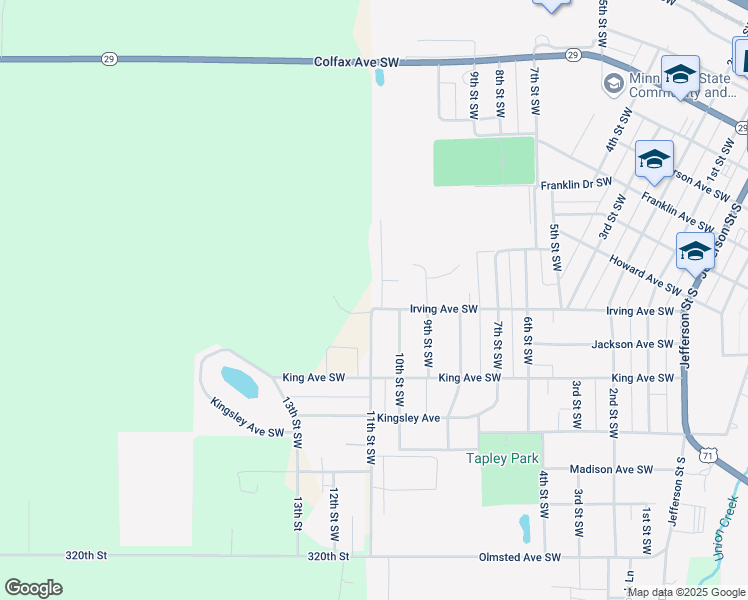 map of restaurants, bars, coffee shops, grocery stores, and more near 1035 Irving Avenue Southwest in Wadena