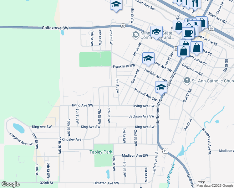 map of restaurants, bars, coffee shops, grocery stores, and more near 819 5th Street Southwest in Wadena