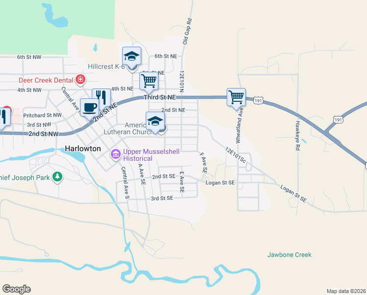 map of restaurants, bars, coffee shops, grocery stores, and more near 501 1st Street Southeast in Harlowton