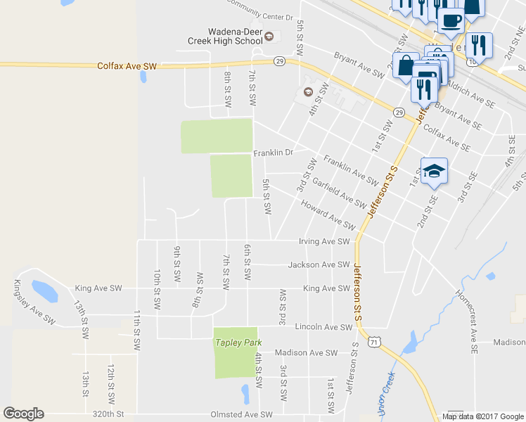 map of restaurants, bars, coffee shops, grocery stores, and more near 819 5th Street Southwest in Wadena
