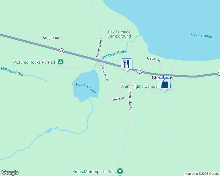 map of restaurants, bars, coffee shops, grocery stores, and more near Evergreen Drive in Munising