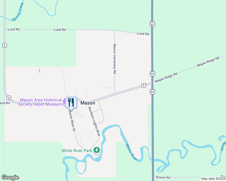 map of restaurants, bars, coffee shops, grocery stores, and more near 24730 County Highway E in Mason