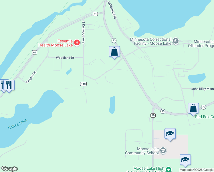 map of restaurants, bars, coffee shops, grocery stores, and more near 300 Langhorst Court in Moose Lake