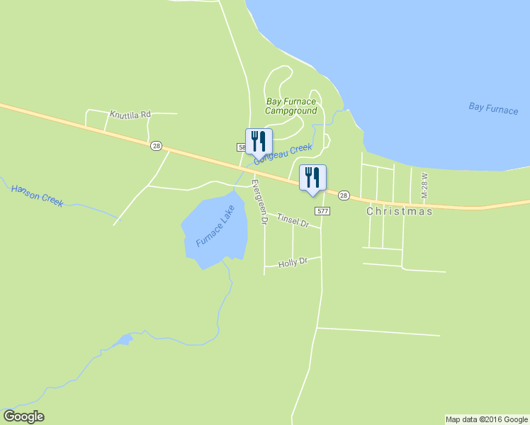 map of restaurants, bars, coffee shops, grocery stores, and more near Evergreen Drive in Munising