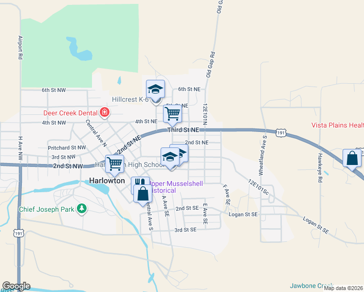 map of restaurants, bars, coffee shops, grocery stores, and more near C Ave NE in Harlowton