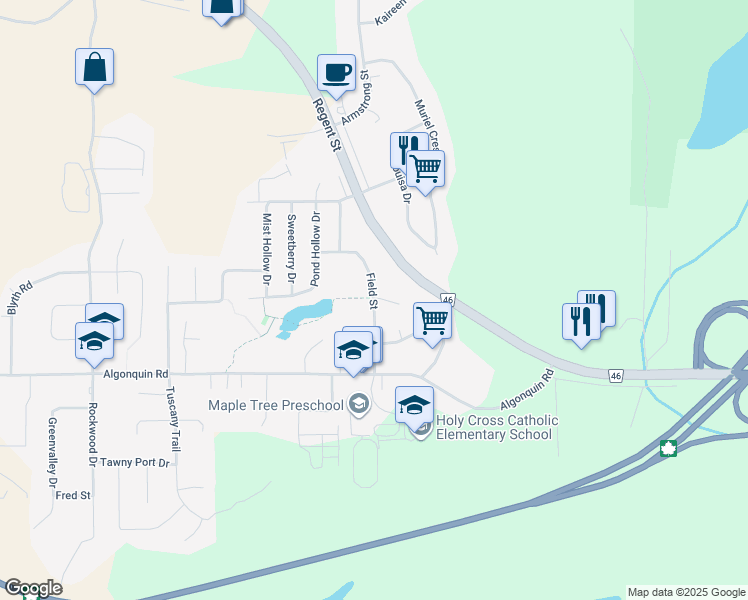 map of restaurants, bars, coffee shops, grocery stores, and more near 2580 Field Street in Sudbury