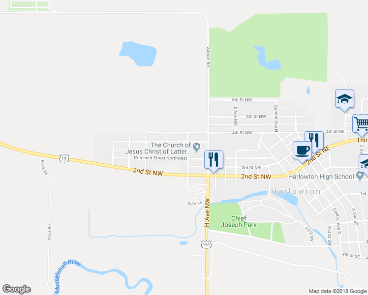 map of restaurants, bars, coffee shops, grocery stores, and more near 901 Northwest View Street in Harlowton