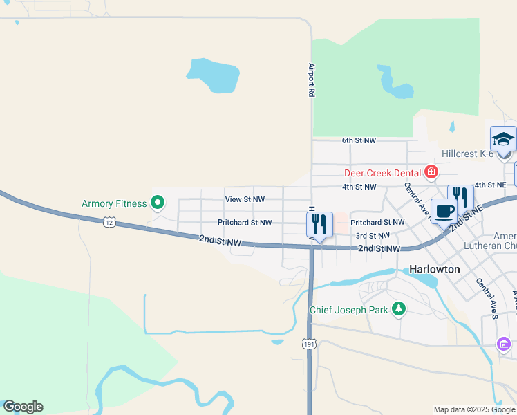 map of restaurants, bars, coffee shops, grocery stores, and more near 901-915 Northwest View Street in Harlowton