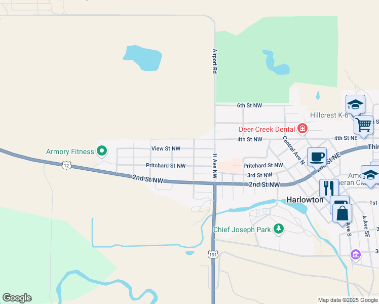 map of restaurants, bars, coffee shops, grocery stores, and more near 901 Northwest View Street in Harlowton