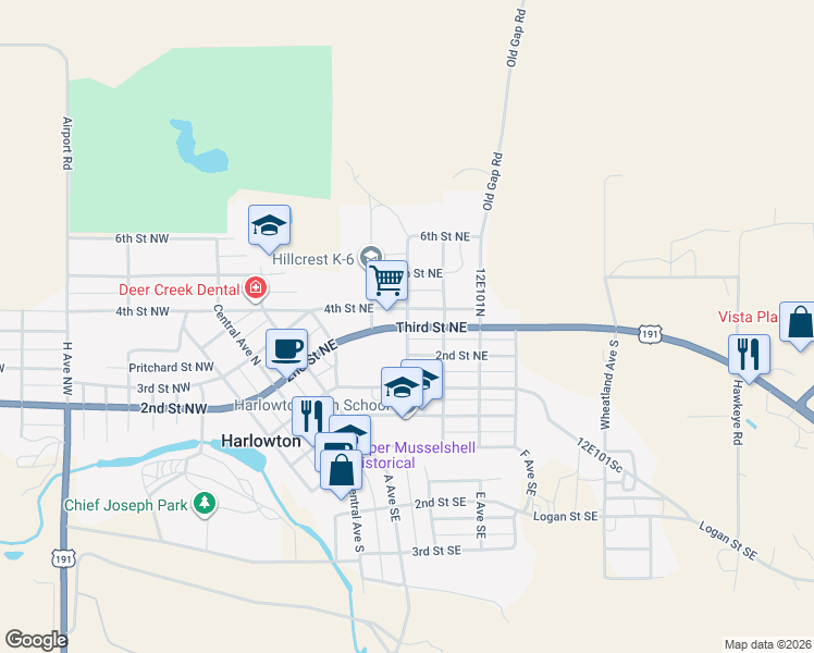 map of restaurants, bars, coffee shops, grocery stores, and more near C Avenue Northeast in Harlowton