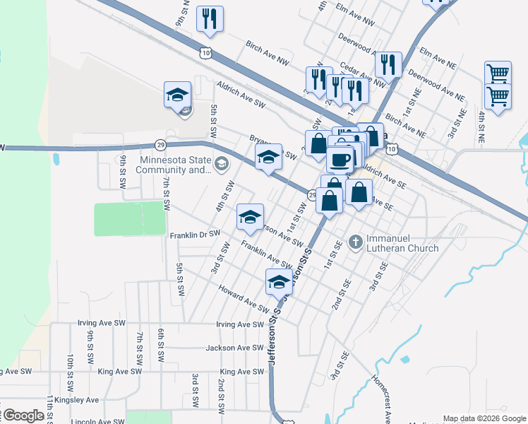 map of restaurants, bars, coffee shops, grocery stores, and more near 422 2nd Street Southwest in Wadena
