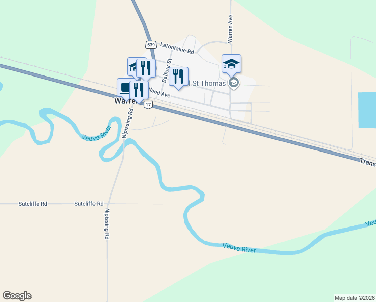 map of restaurants, bars, coffee shops, grocery stores, and more near in Markstay-Warren