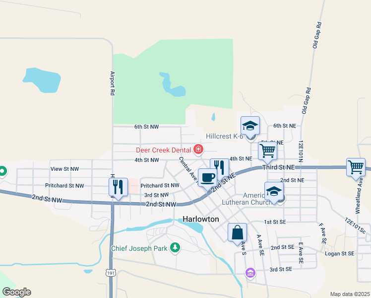 map of restaurants, bars, coffee shops, grocery stores, and more near 18-32 5th St NE in Harlowton