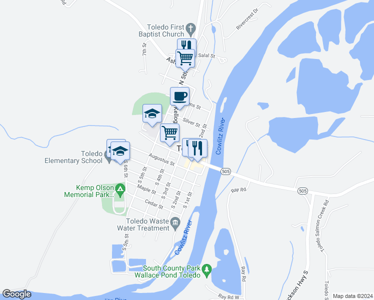 map of restaurants, bars, coffee shops, grocery stores, and more near 214 Cowlitz Street in Winlock