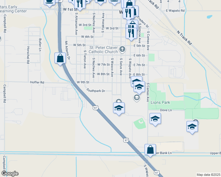 map of restaurants, bars, coffee shops, grocery stores, and more near 304 South Southpark Drive in Wapato