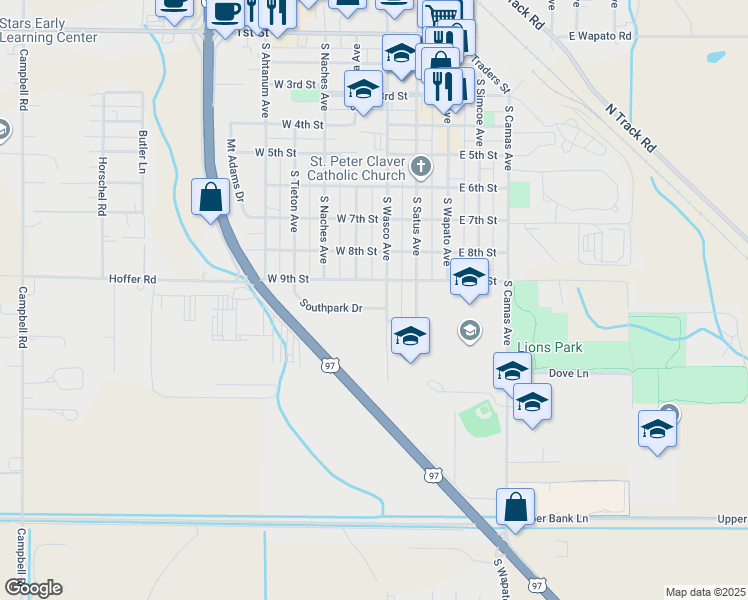 map of restaurants, bars, coffee shops, grocery stores, and more near 304 Southpark Drive in Wapato