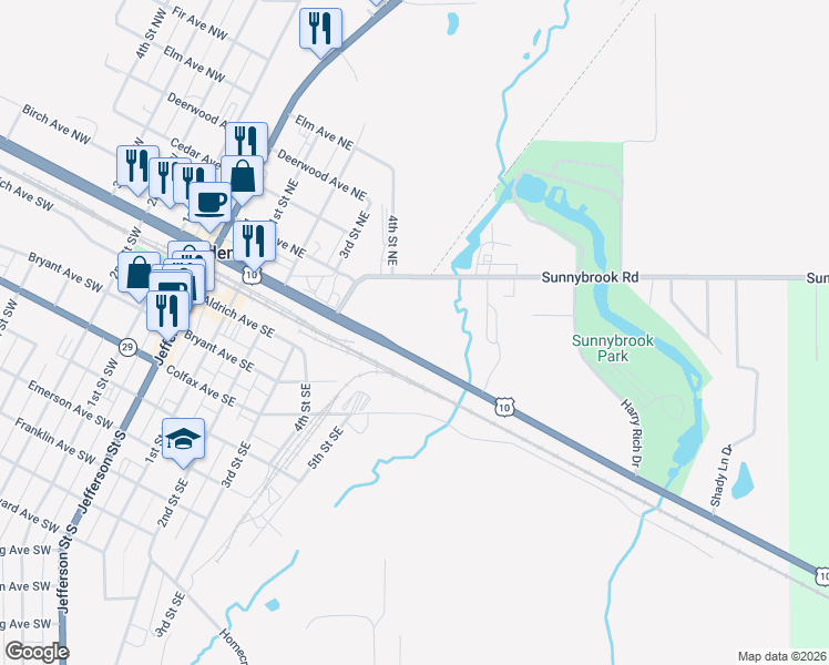 map of restaurants, bars, coffee shops, grocery stores, and more near in Wadena