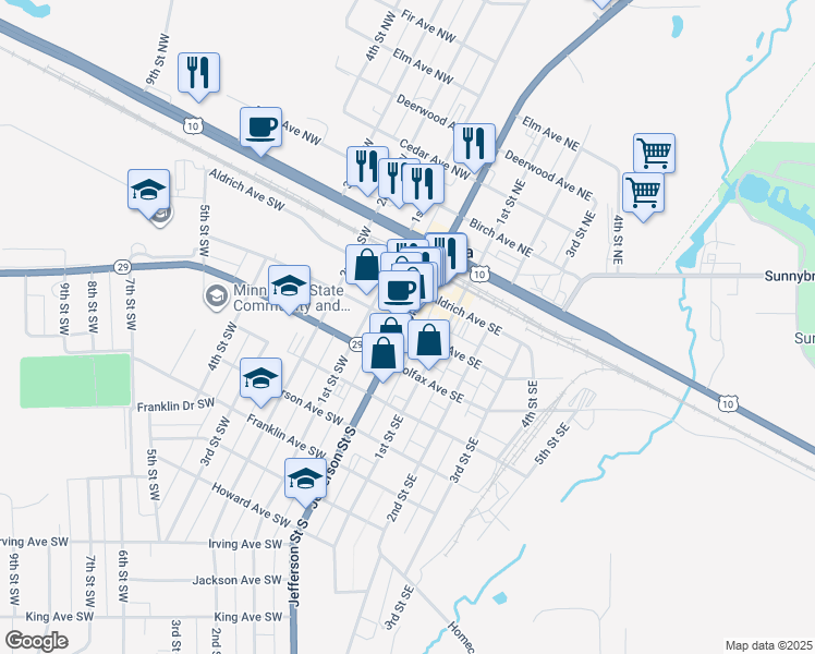 map of restaurants, bars, coffee shops, grocery stores, and more near 10 Bryant Avenue Southeast in Wadena