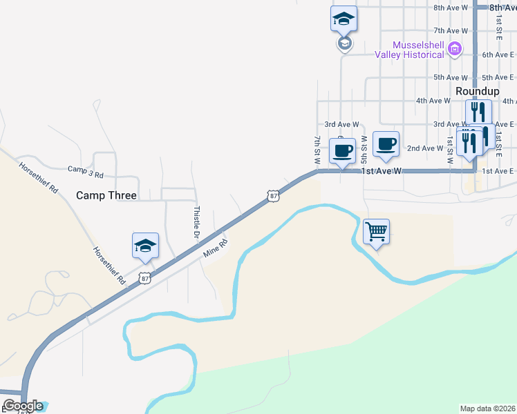 map of restaurants, bars, coffee shops, grocery stores, and more near 16881 U.S. 12 in Roundup
