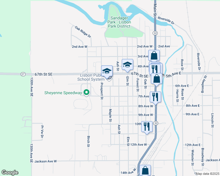 map of restaurants, bars, coffee shops, grocery stores, and more near 601-699 Maple St in Lisbon