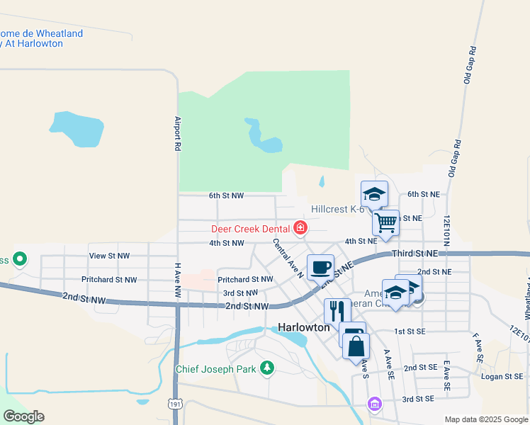 map of restaurants, bars, coffee shops, grocery stores, and more near 18 5th Street Northeast in Harlowton