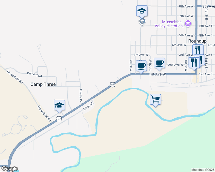 map of restaurants, bars, coffee shops, grocery stores, and more near 16881 U.S. 12 in Roundup